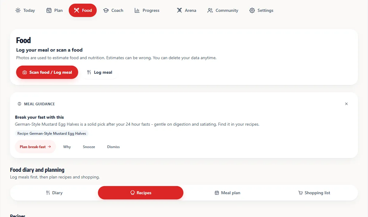 FastingOS Food screen showing meal logging, meal guidance, recipes, meal plan, and shopping list tabs