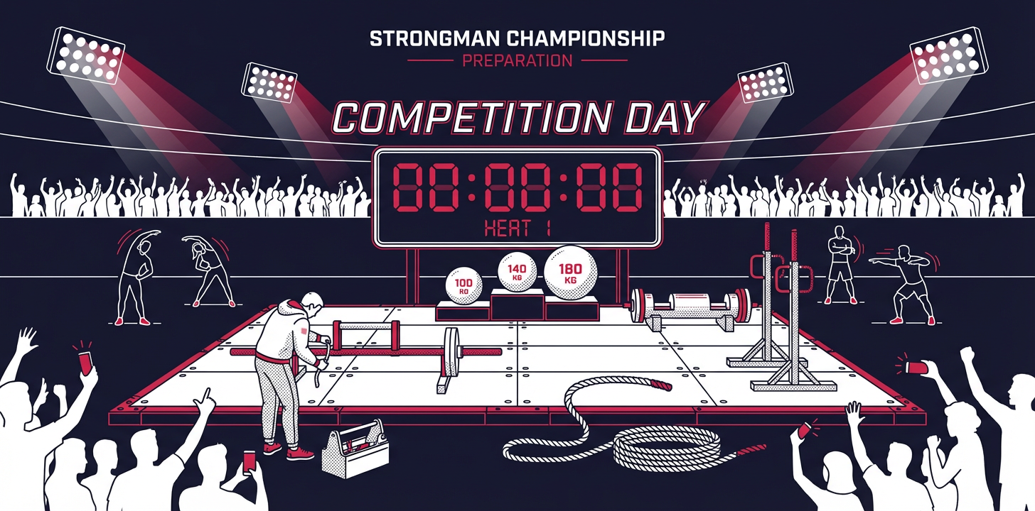 Competition platform with strongman equipment and timer display