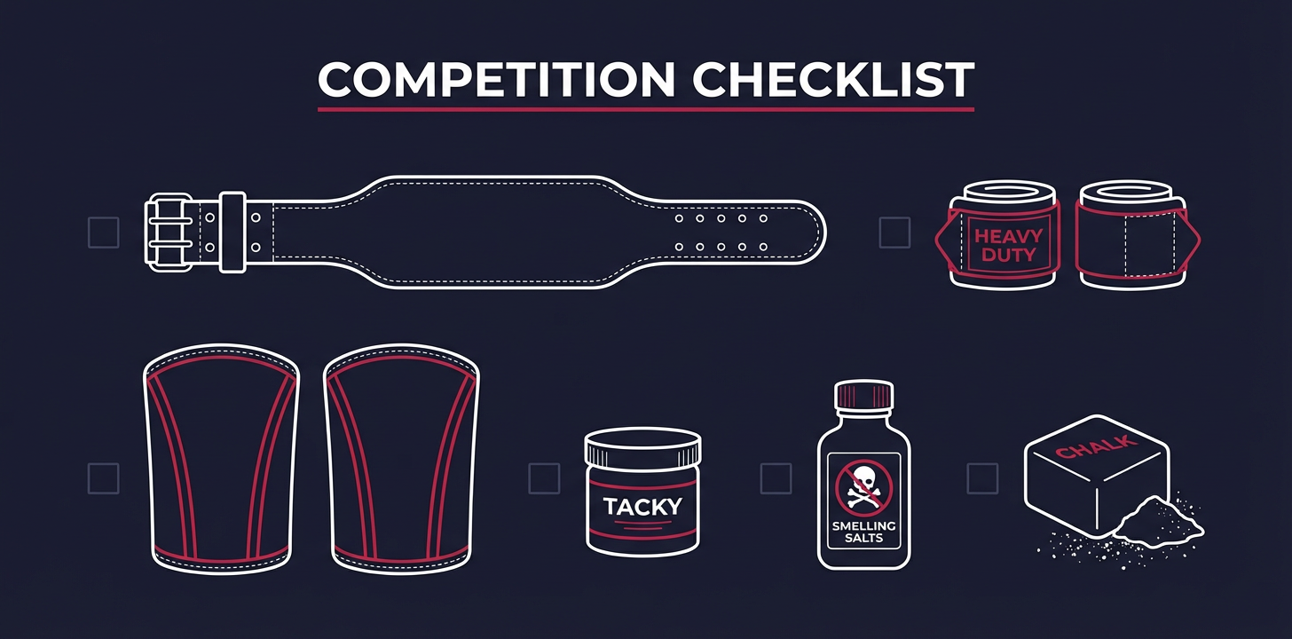 Competition gear laid out including belt, wrist wraps, knee sleeves, tacky, and chalk