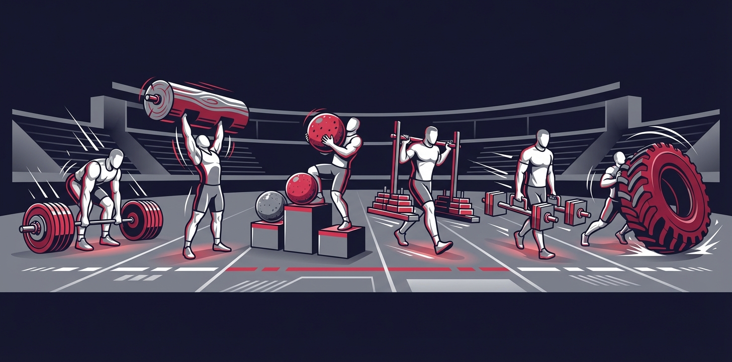 Six different strongman events shown side by side