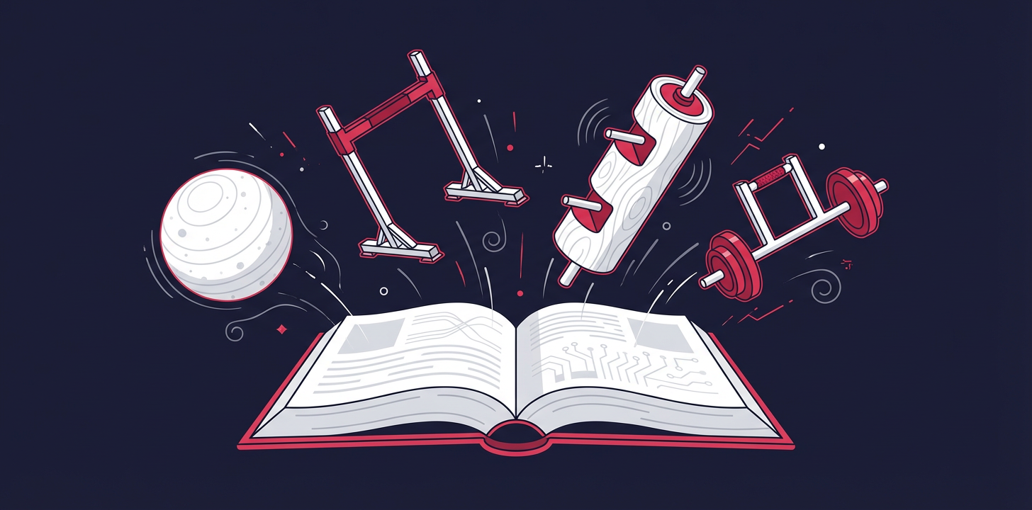 Open encyclopedia with strongman equipment illustrations