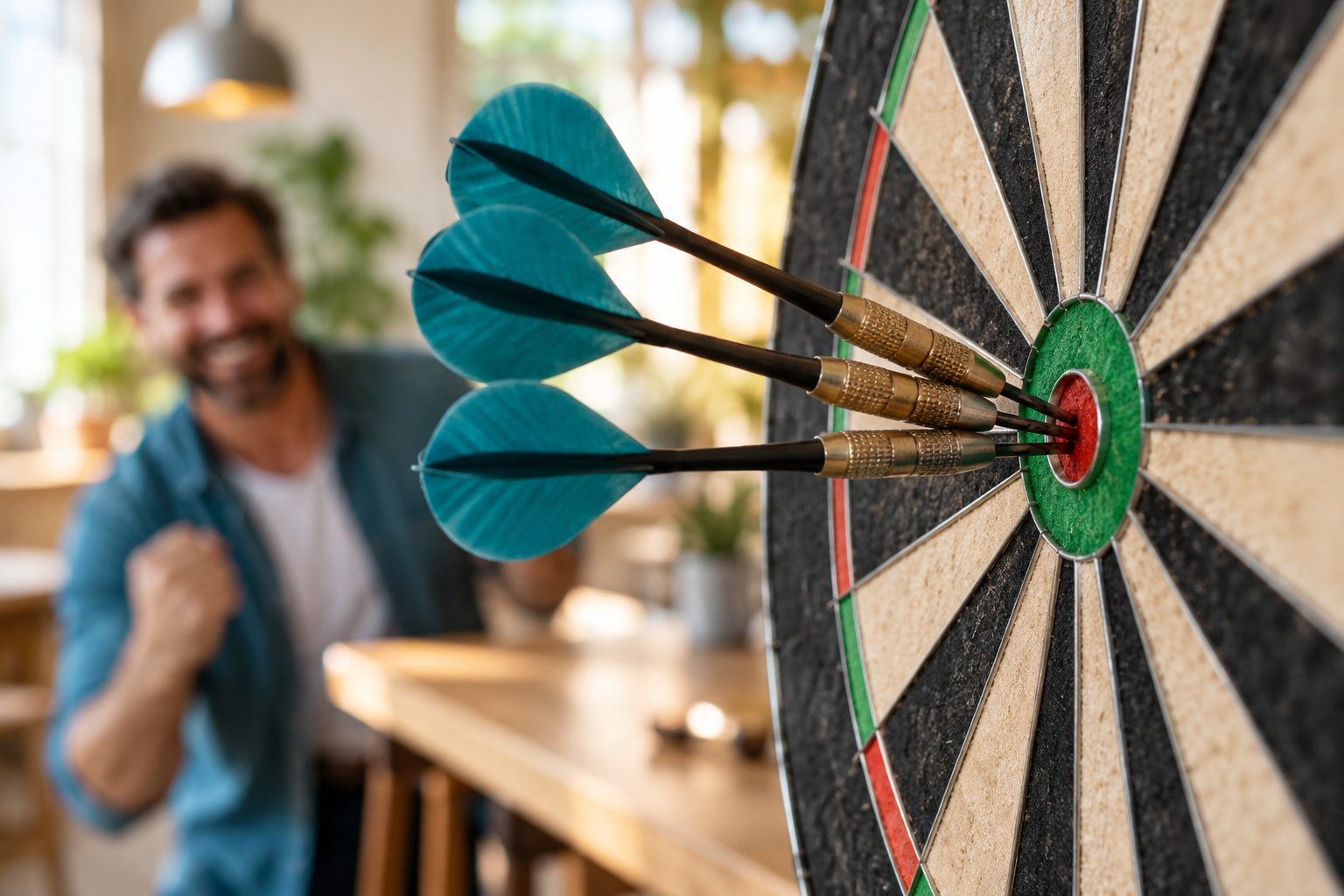 Three darts grouped in the bullseye of a dartboard.