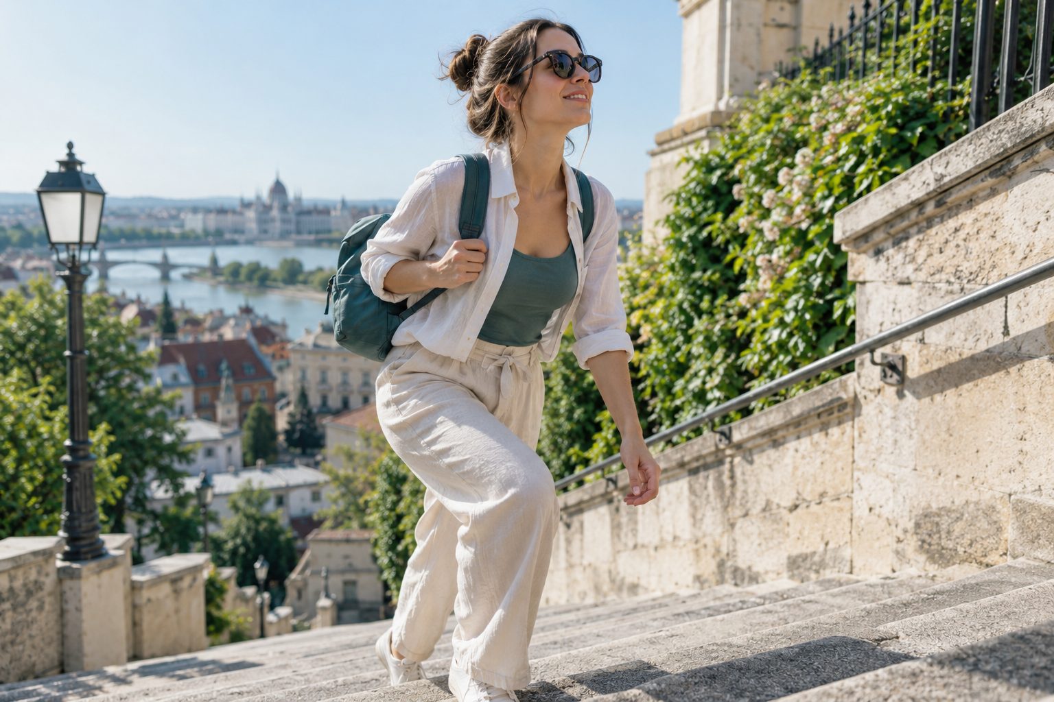 A woman with a backpack walking up an outdoor city staircase.