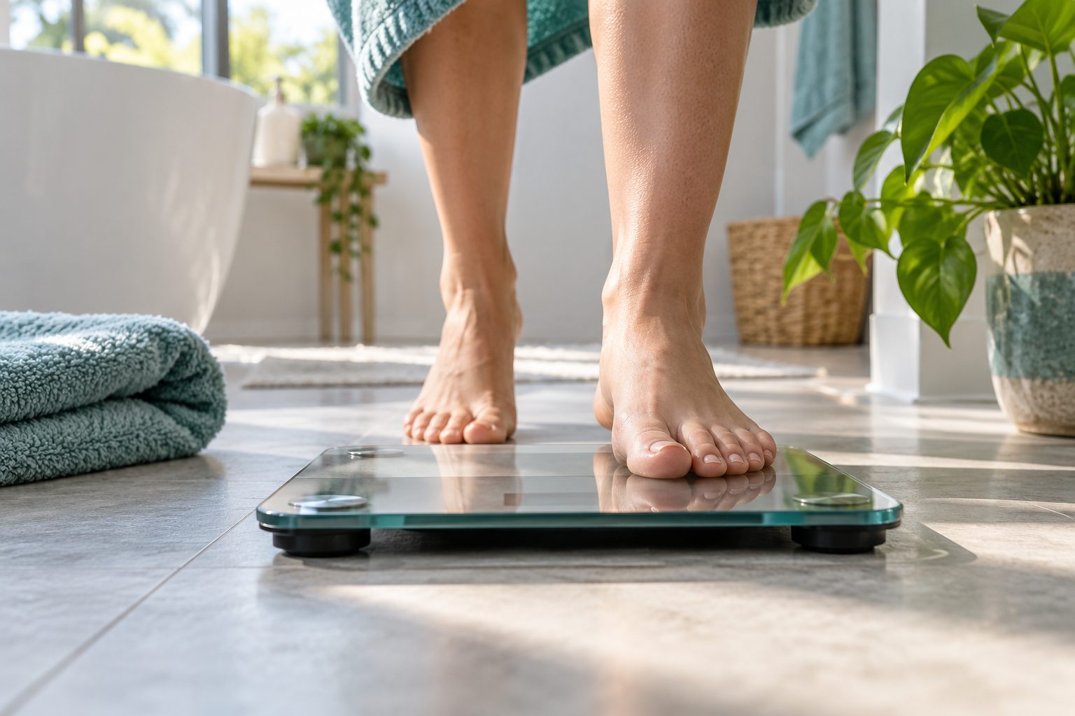 Bare feet stepping onto a glass bathroom scale in morning light.