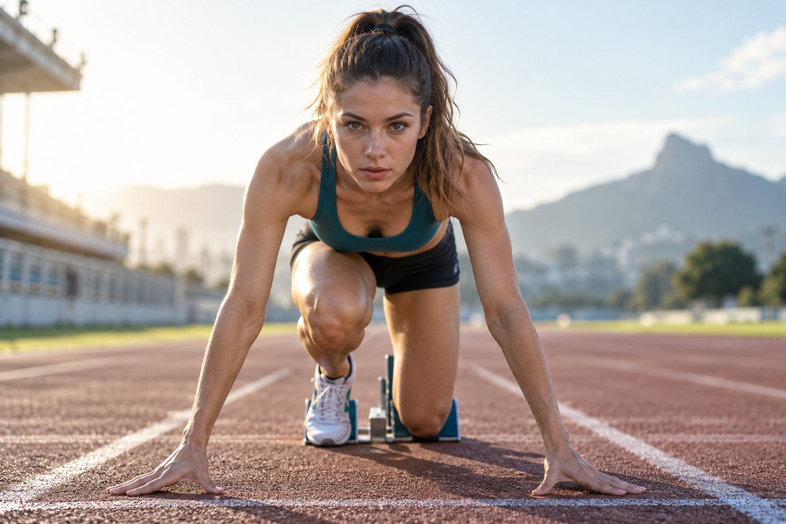 A sprinter crouched in the starting blocks on a running track.