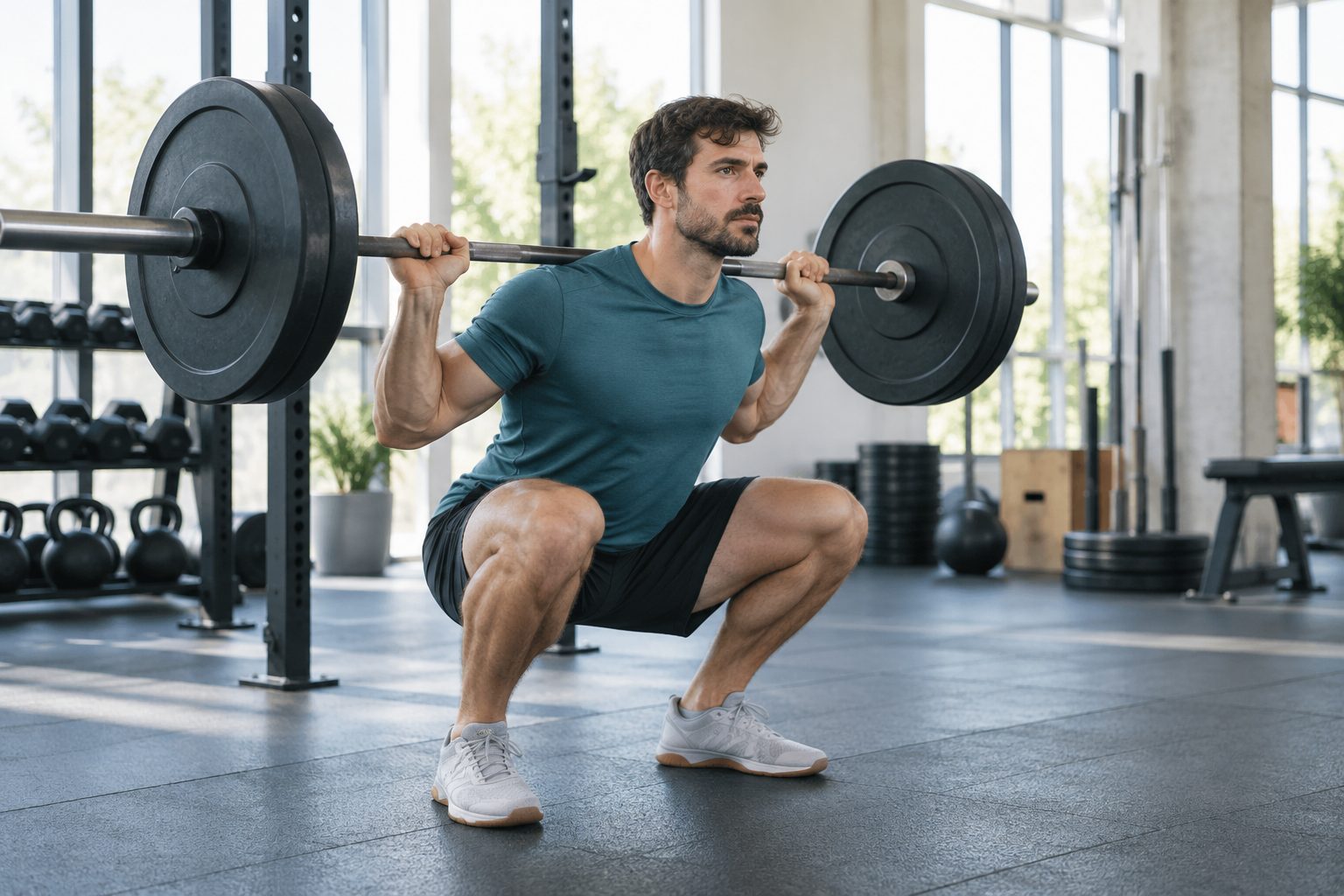 A man doing a barbell back squat in a gym.