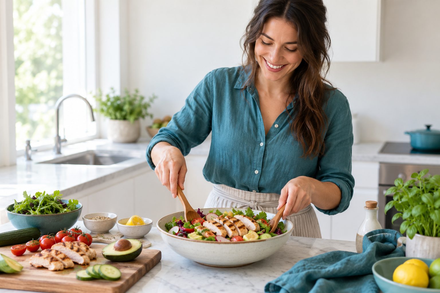 A woman tossing a chicken salad in a bright kitchen.