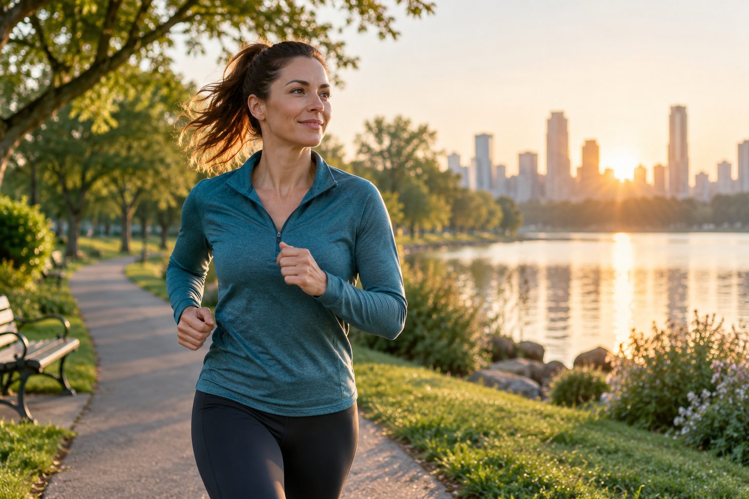 A woman jogging on a lakeside path at sunrise.