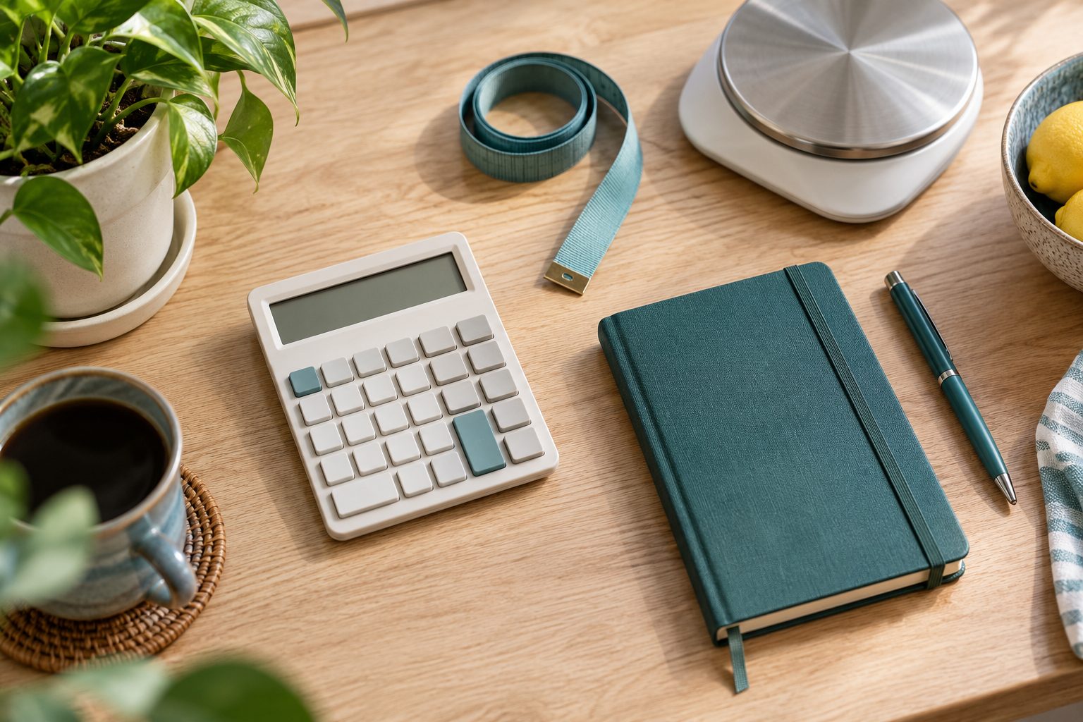 A calculator, measuring tape, notebook, pen and kitchen scale on a wooden desk.