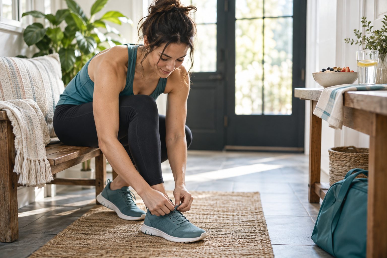 A woman in workout clothes ties her running shoes at home, with breakfast on the table behind her.
