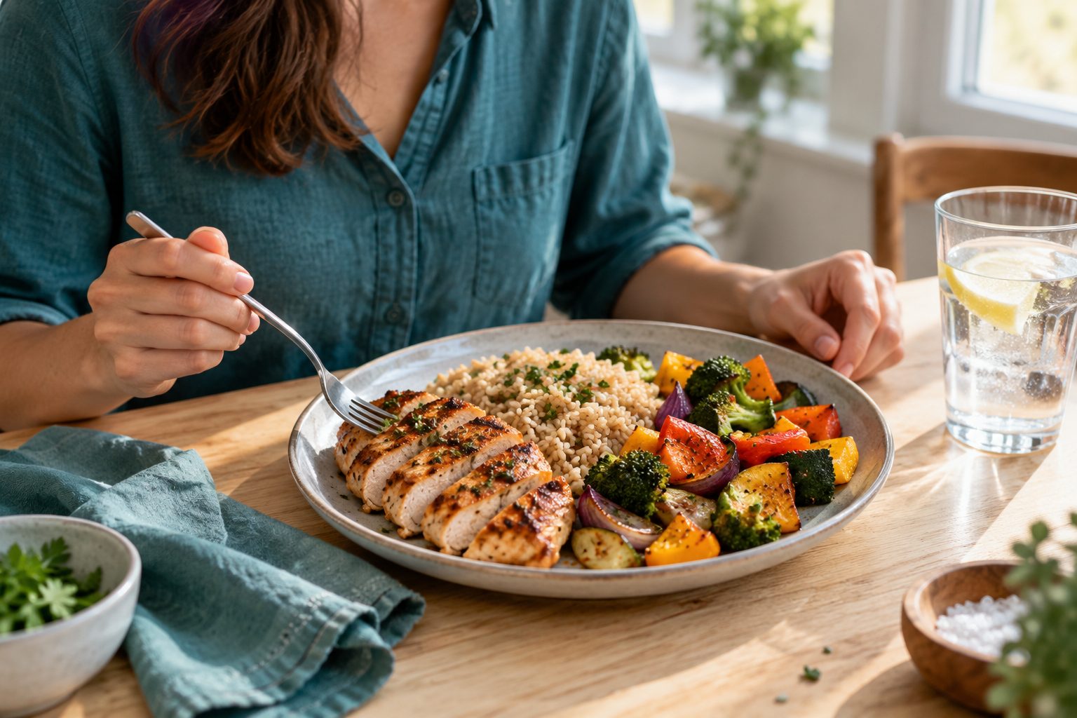 A plate of grilled chicken, rice and roasted vegetables with a glass of water.