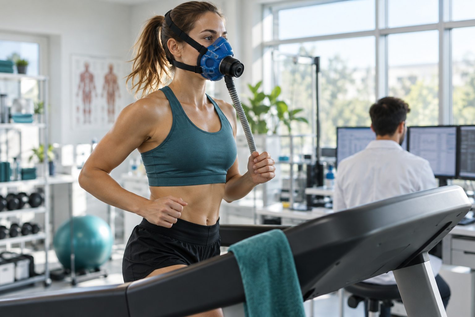 A runner on a treadmill wearing a metabolic testing mask in a sports science lab.