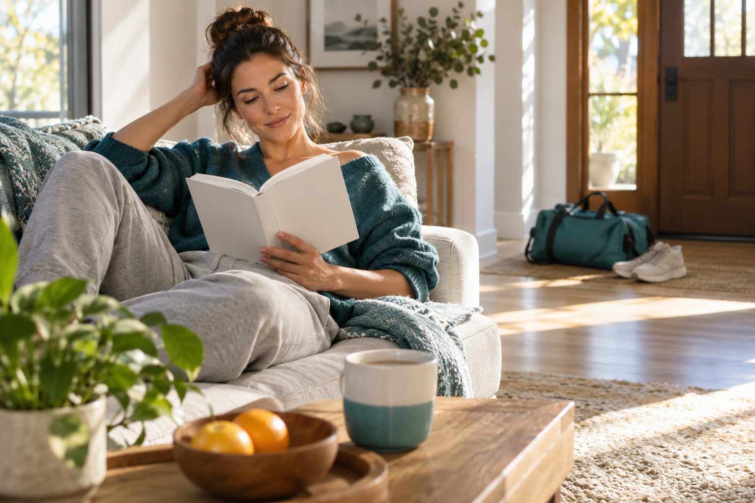 A woman resting on a sofa with a book, a gym bag and trainers by the door.