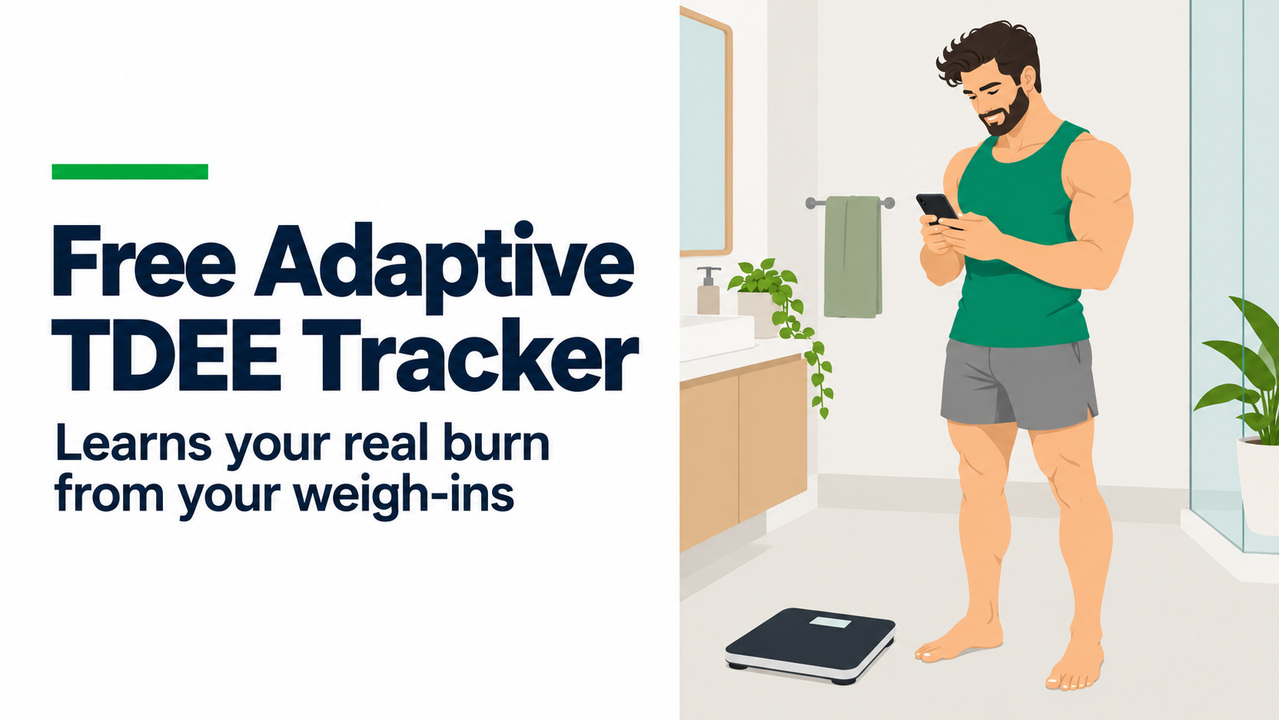 Illustration: a man checks his phone beside a bathroom scale, next to the words "Free Adaptive TDEE Tracker: learns your real burn from your weigh-ins".