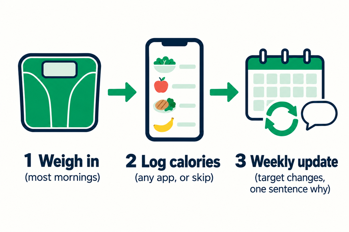Diagram in three steps: 1, weigh in most mornings; 2, log calories from any app, or skip; 3, weekly update, where the target changes with one sentence saying why.
