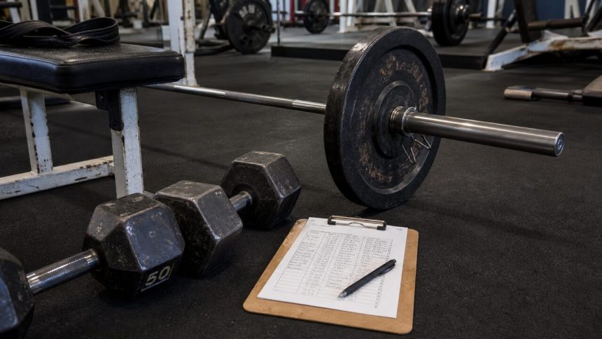 Gym floor with dumbbells, barbell, and training log for a hypertrophy rep range guide