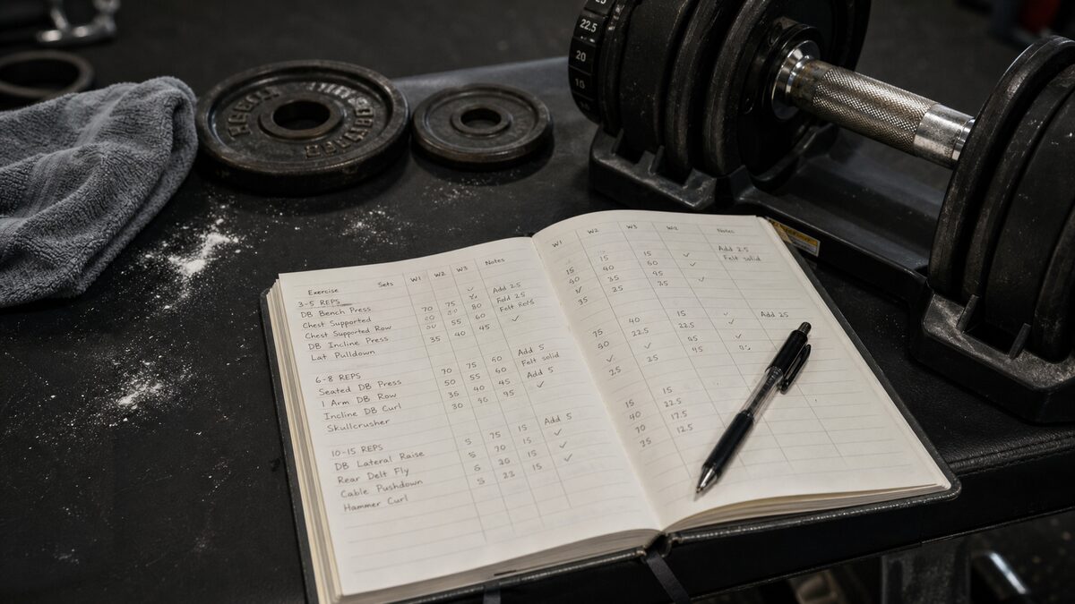 Open workout notebook with dumbbells and plates showing tracked rep ranges for muscle growth