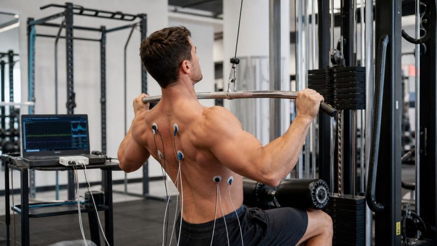 Athlete performing a lat pulldown with EMG electrodes to test back muscle activation
