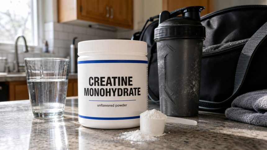 Creatine monohydrate tub with scoop, shaker, and water for a FitnessVolt supplement guide