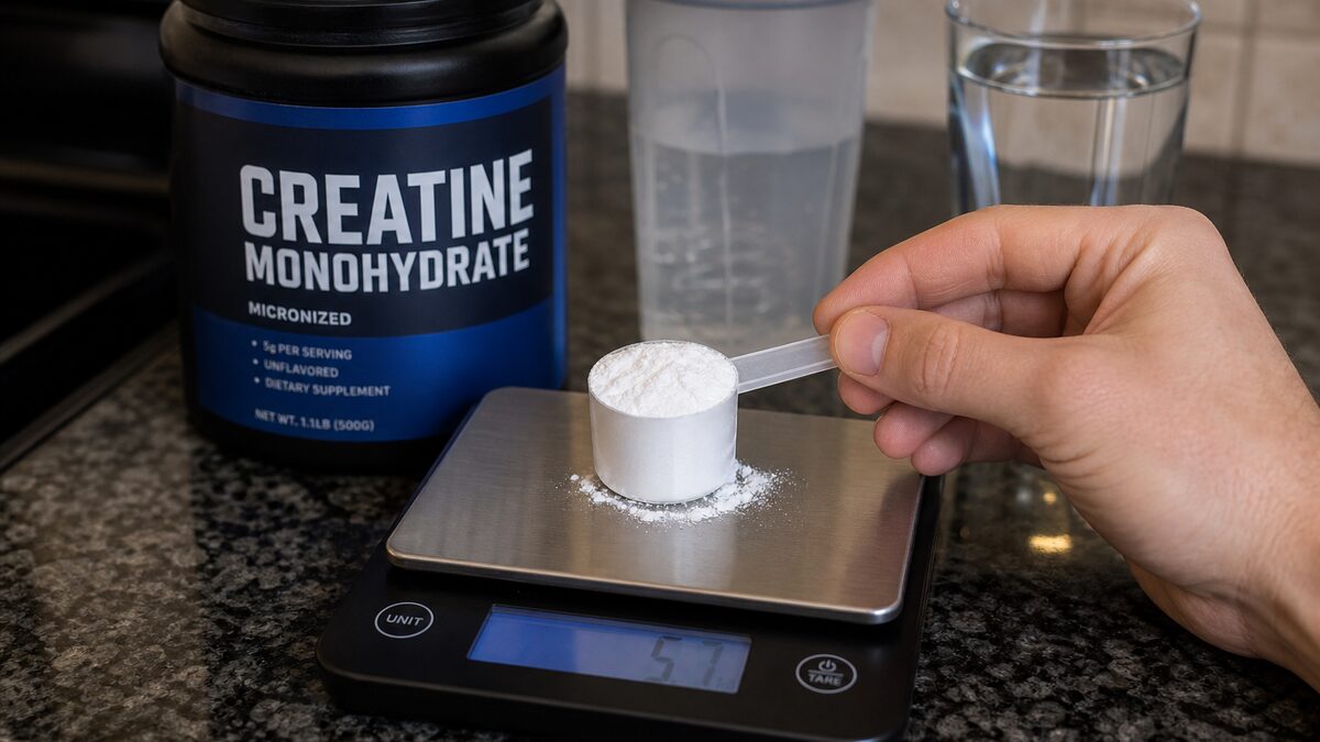 Creatine monohydrate scoop on a digital scale beside a labeled supplement tub and shaker bottle