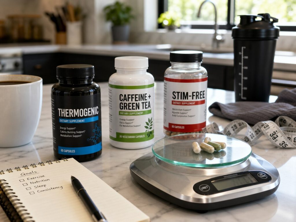 Generic fat burner supplement bottles beside a scale, coffee, and measuring tape