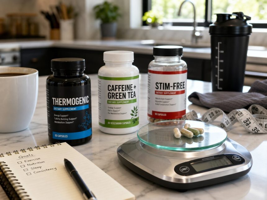 Generic fat burner supplement bottles beside a scale, coffee, and measuring tape