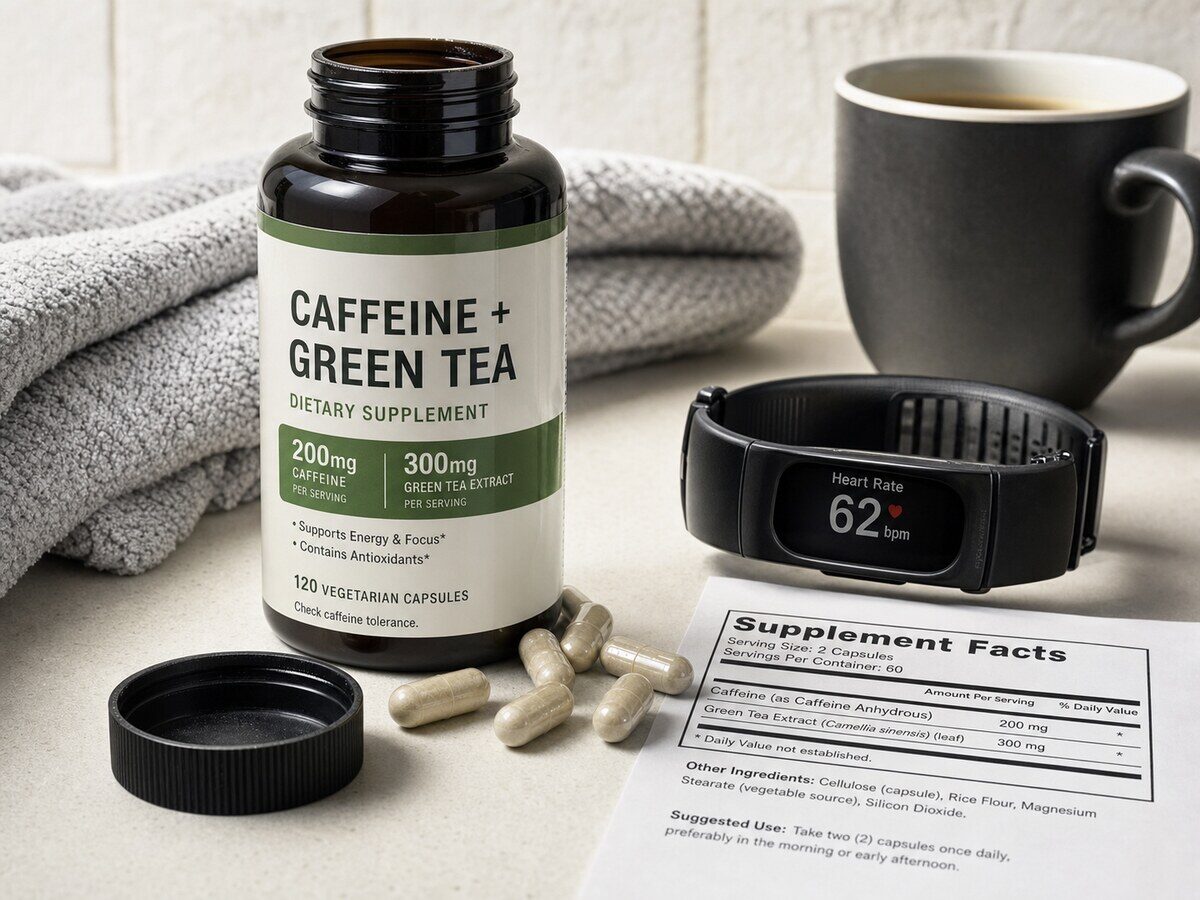 Close-up of a generic caffeine and green tea dietary supplement bottle with capsules