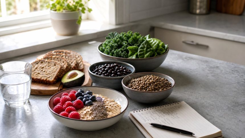 High-fiber meal prep with oats, berries, beans, lentils, greens, avocado, whole-grain bread, and water