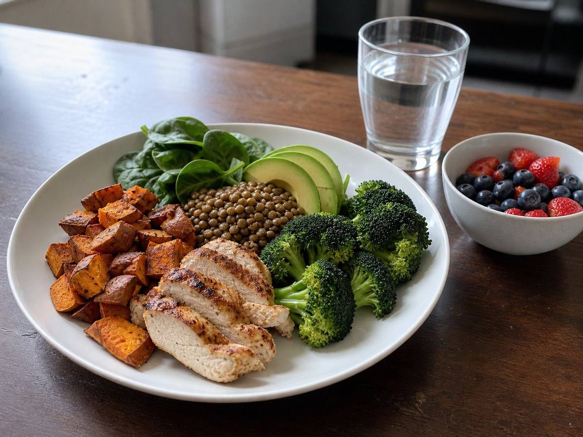 High-fiber cutting plate with chicken, lentils, sweet potato, broccoli, spinach, avocado, berries, and water