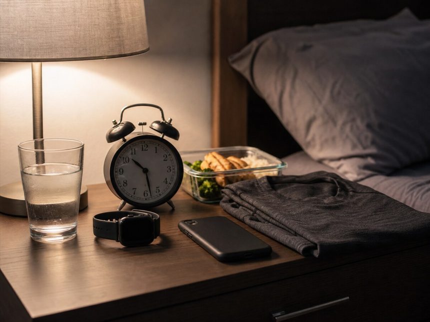 Nightstand with alarm clock, sleep tracker, water, gym clothes, and meal prep container