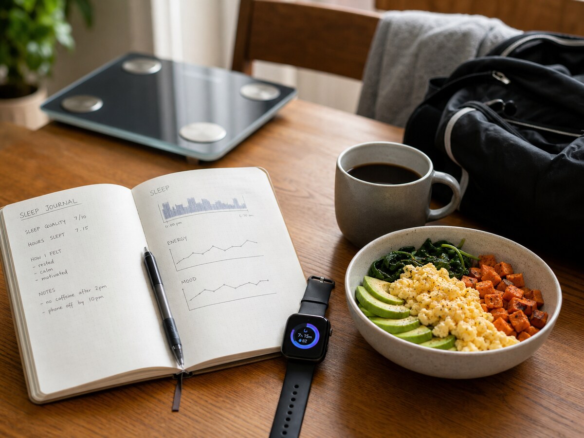 Sleep journal, smartwatch, breakfast bowl, coffee, scale, and gym bag on a kitchen table