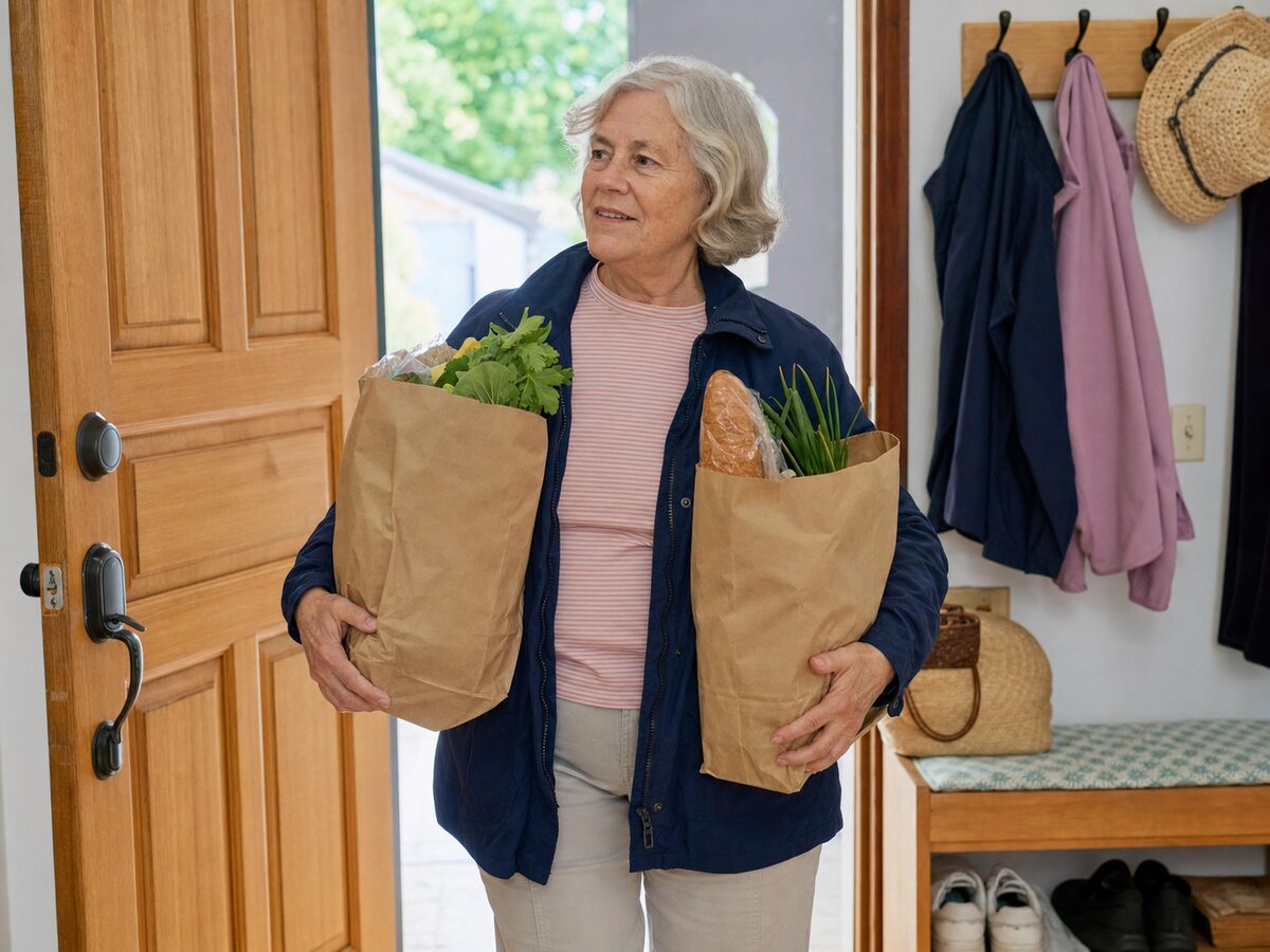 Older woman carrying two grocery bags into her home
