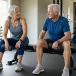 Older man and woman resting with dumbbells in a gym