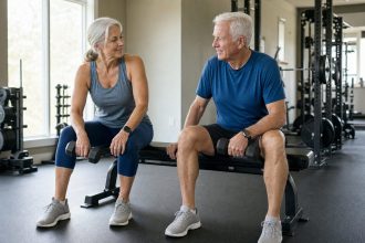 Older man and woman resting with dumbbells in a gym