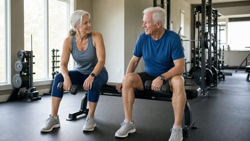 Older man and woman resting with dumbbells in a gym