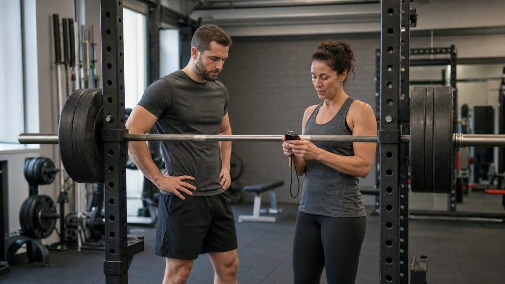 Lifter and coach checking repetition timing beside a racked barbell