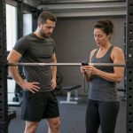 Lifter and coach checking repetition timing beside a racked barbell