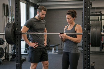 Lifter and coach checking repetition timing beside a racked barbell