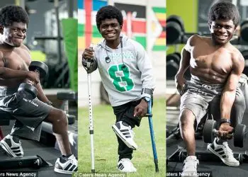 Caleb Mutombo, 19, weighs 5st 8lbs but trains at the gym five days a week