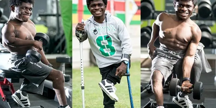 Caleb Mutombo, 19, weighs 5st 8lbs but trains at the gym five days a week