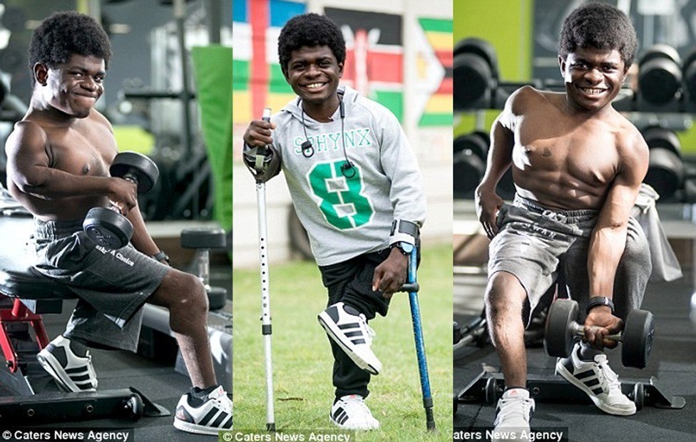 Caleb Mutombo, 19, weighs 5st 8lbs but trains at the gym five days a week