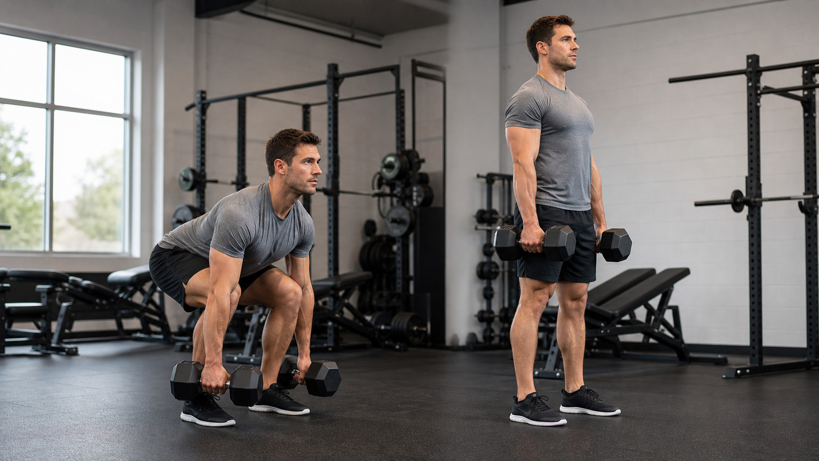 Standard dumbbell deadlift floor setup and lockout