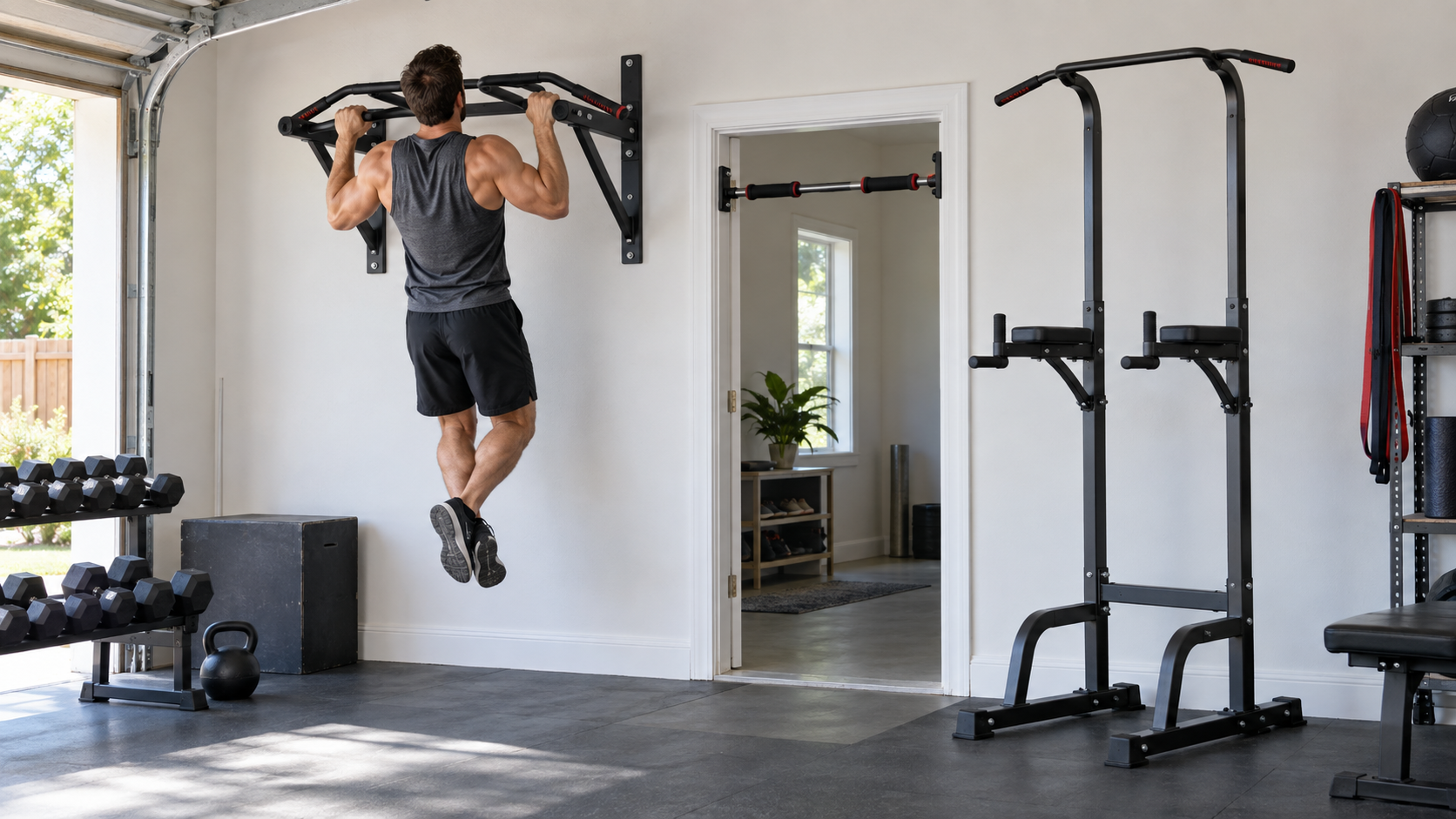 Wall-mounted, doorway, and freestanding pull-up bars in a bright home gym