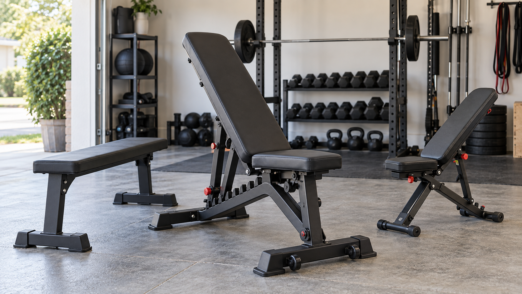 Flat, adjustable, and folding weight benches in a bright home gym
