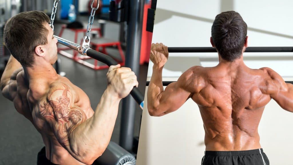 Side-by-side lat pulldown and pull-up exercises for back training comparison