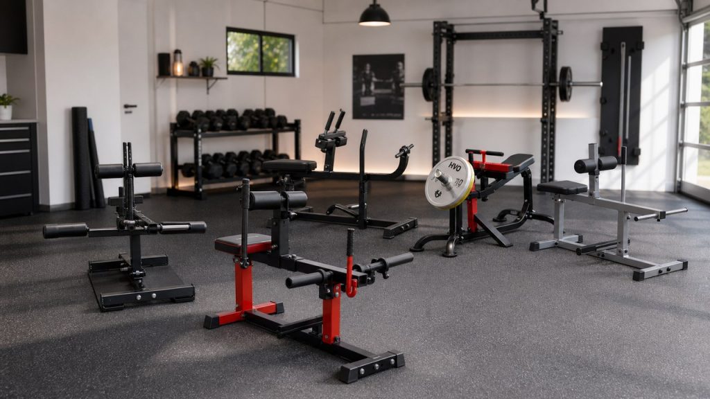 Calf raise machines arranged in a FitnessVolt home gym review scene