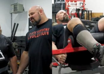 Brian Shaw practices hip thrusts with Nick Best