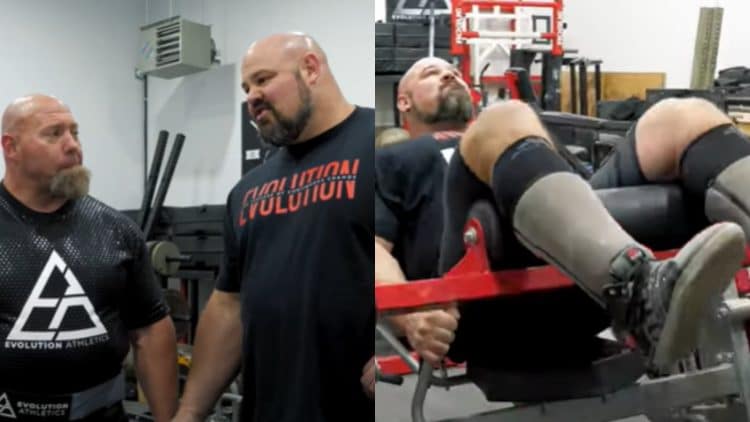 Brian Shaw practices hip thrusts with Nick Best