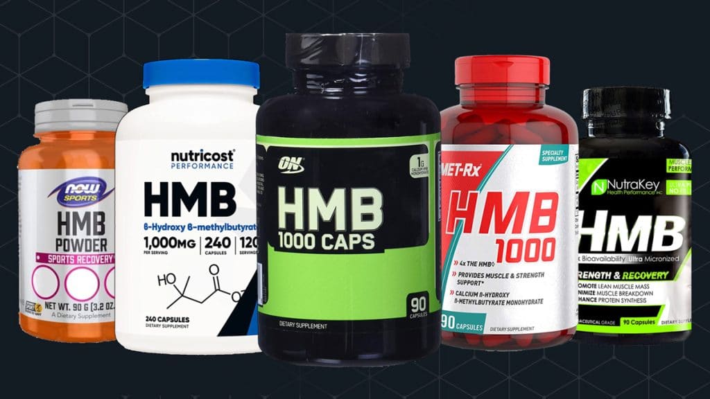 HMB supplement bottles showing capsule and powder products with visible labels