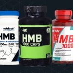 HMB supplement bottles showing capsule and powder products with visible labels